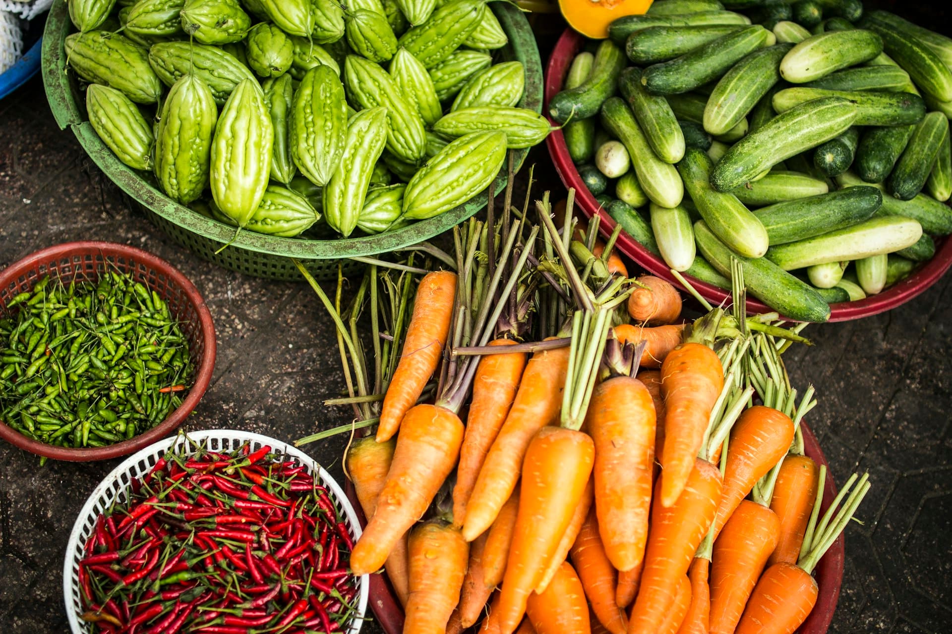 Fresh produce in market baskets